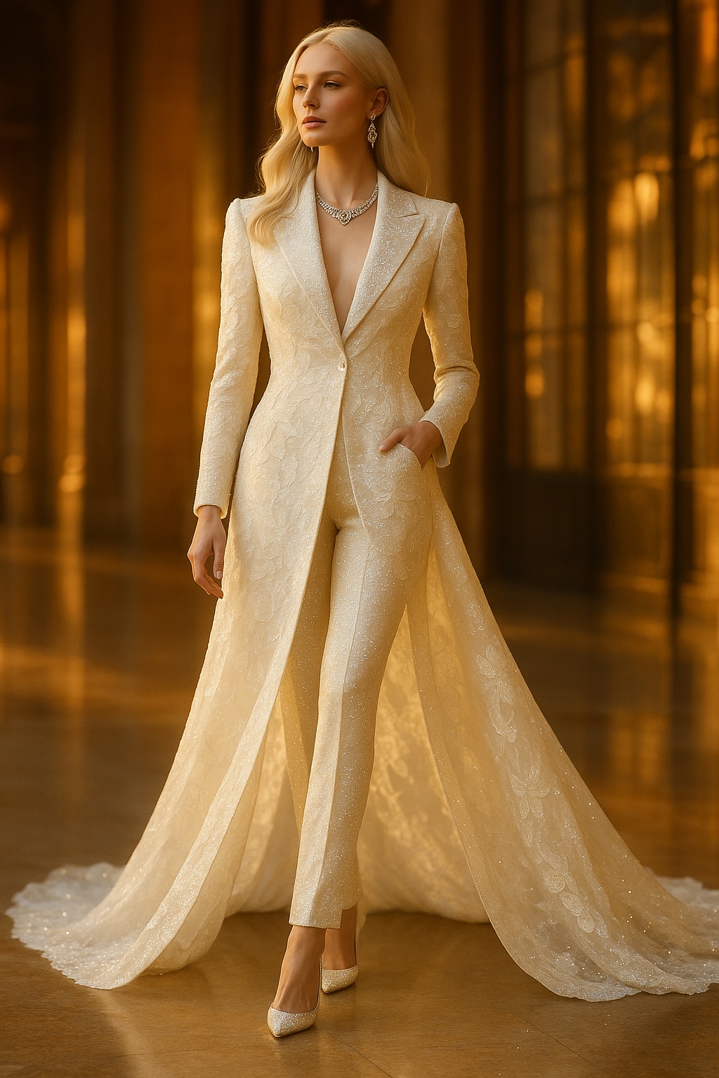 L'Elovia Vowtail couture look in a golden interior