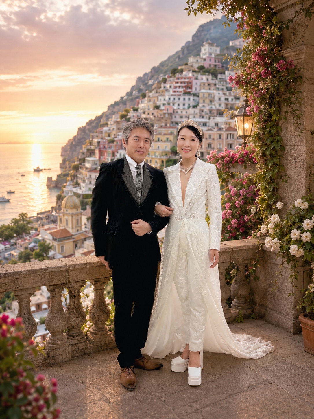 Jean with L'Elovia Vowtail couture on a Mediterranean terrace