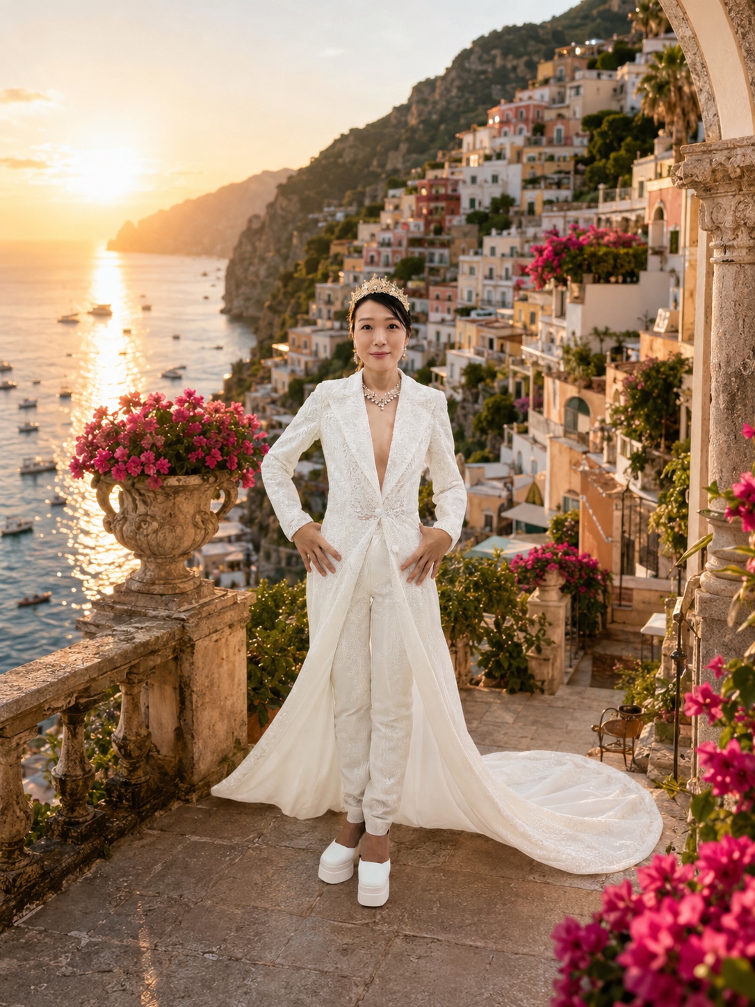 Full-body Vowtail look overlooking the Amalfi coast